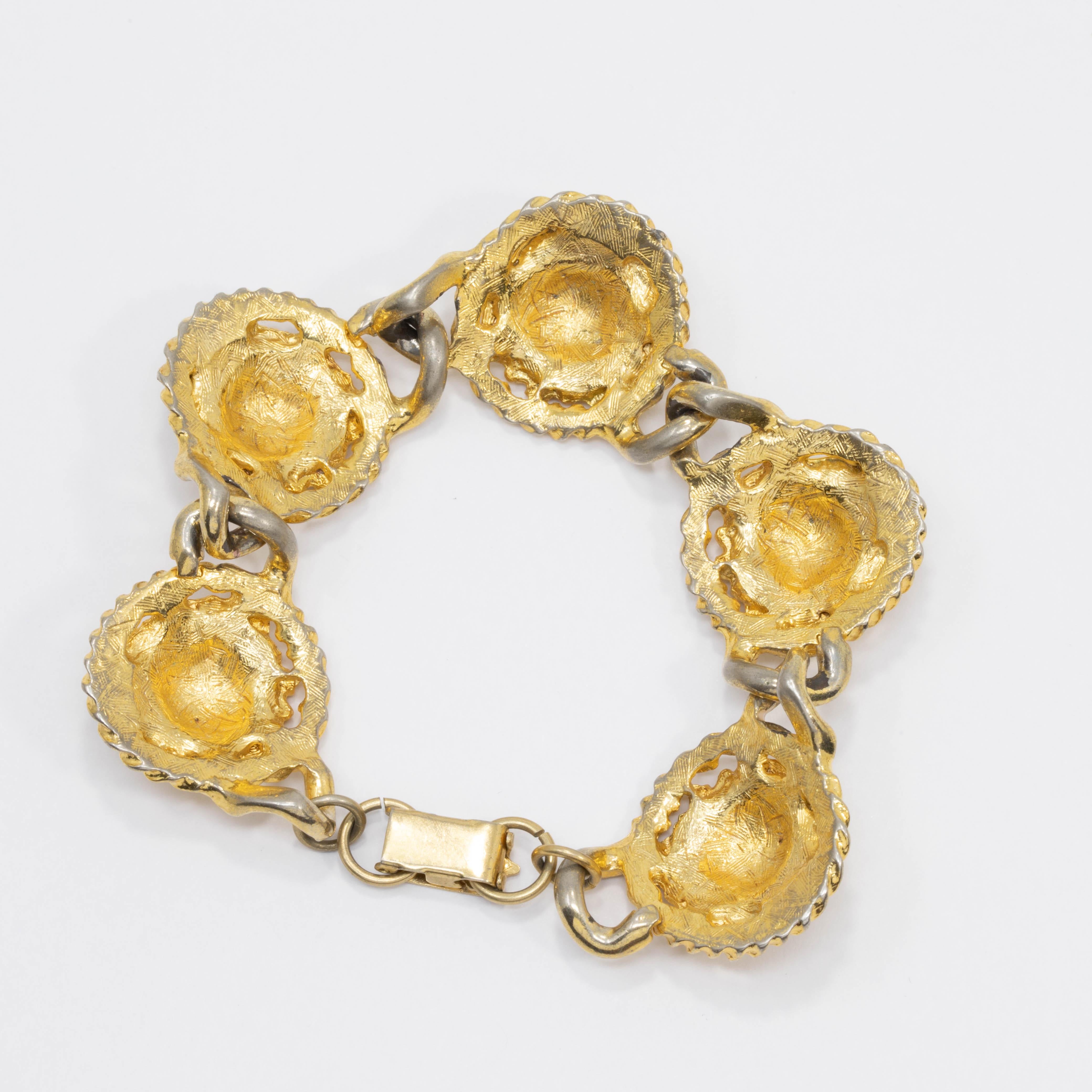Golden Lion Head Link Bracelet and Clip On Earrings, Vintage, Mid 1900s 1