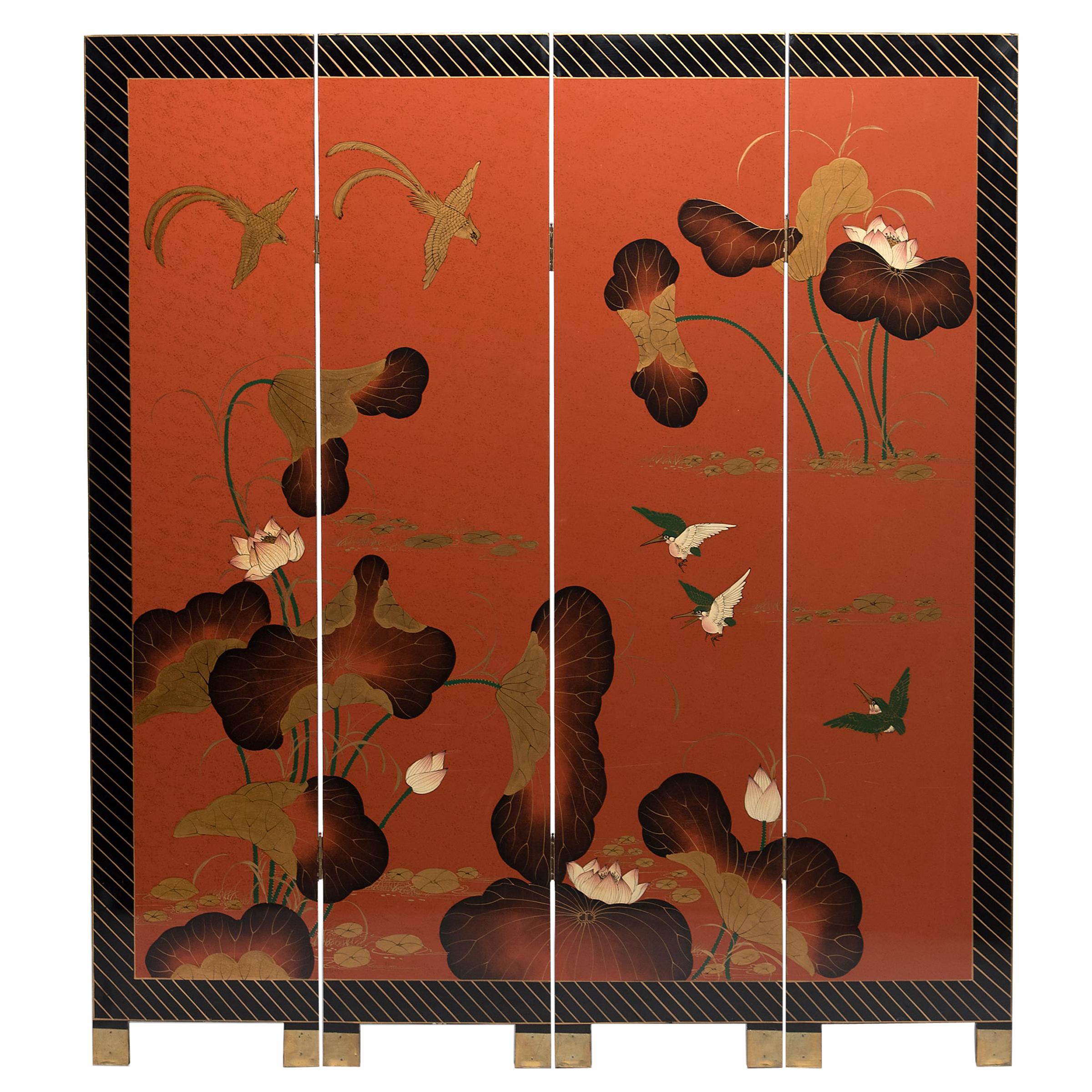 "Golden Lotus" Chinese Lacquered Four-Panel Screen, circa 1930s