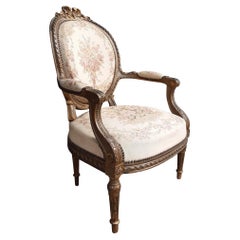 Golden Louis XVI Armchair Aubusson Tapestry Ribbon