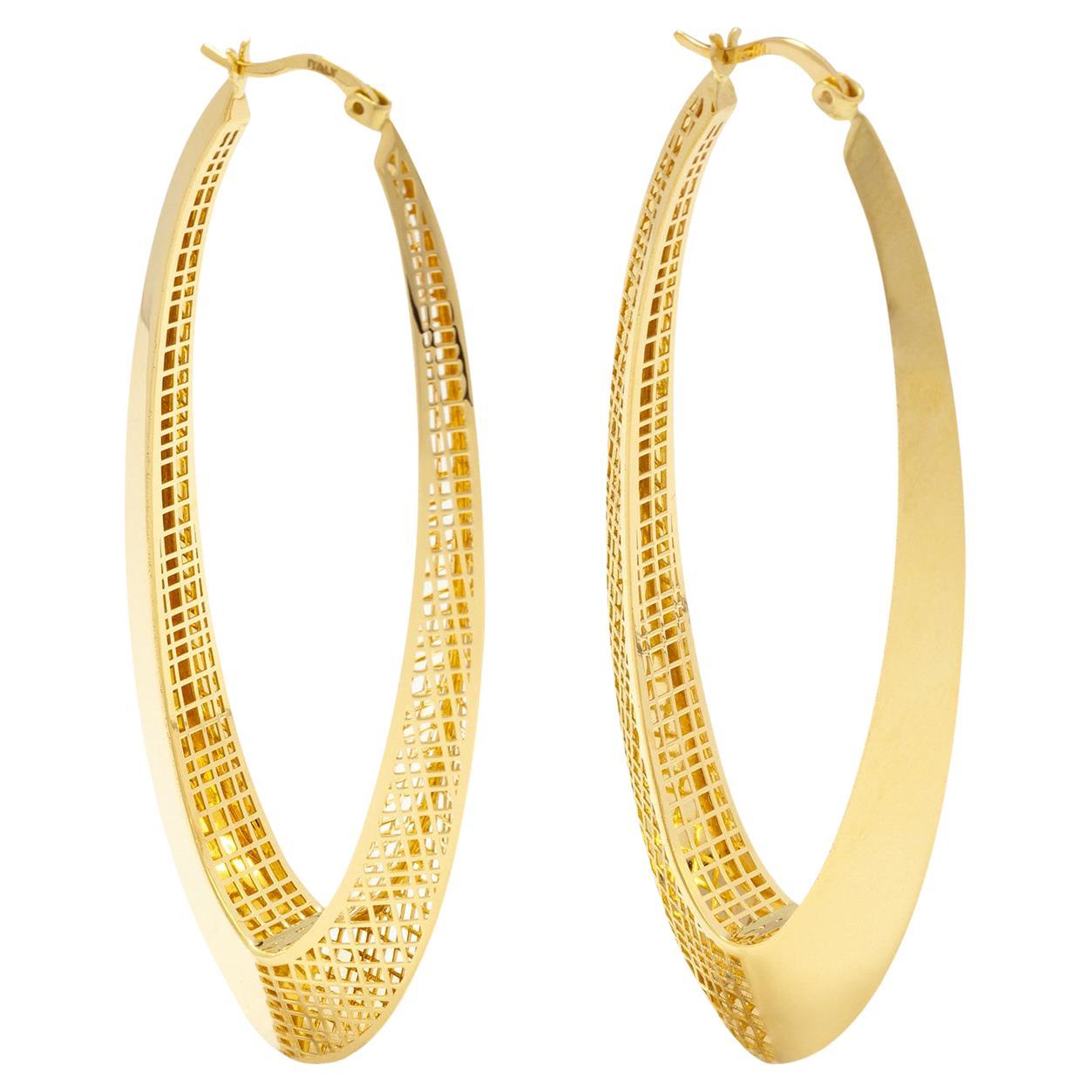 Orecchini a cerchio a reticolo Golden Matrix - Orecchini a cerchio in oro massiccio 14K in vendita