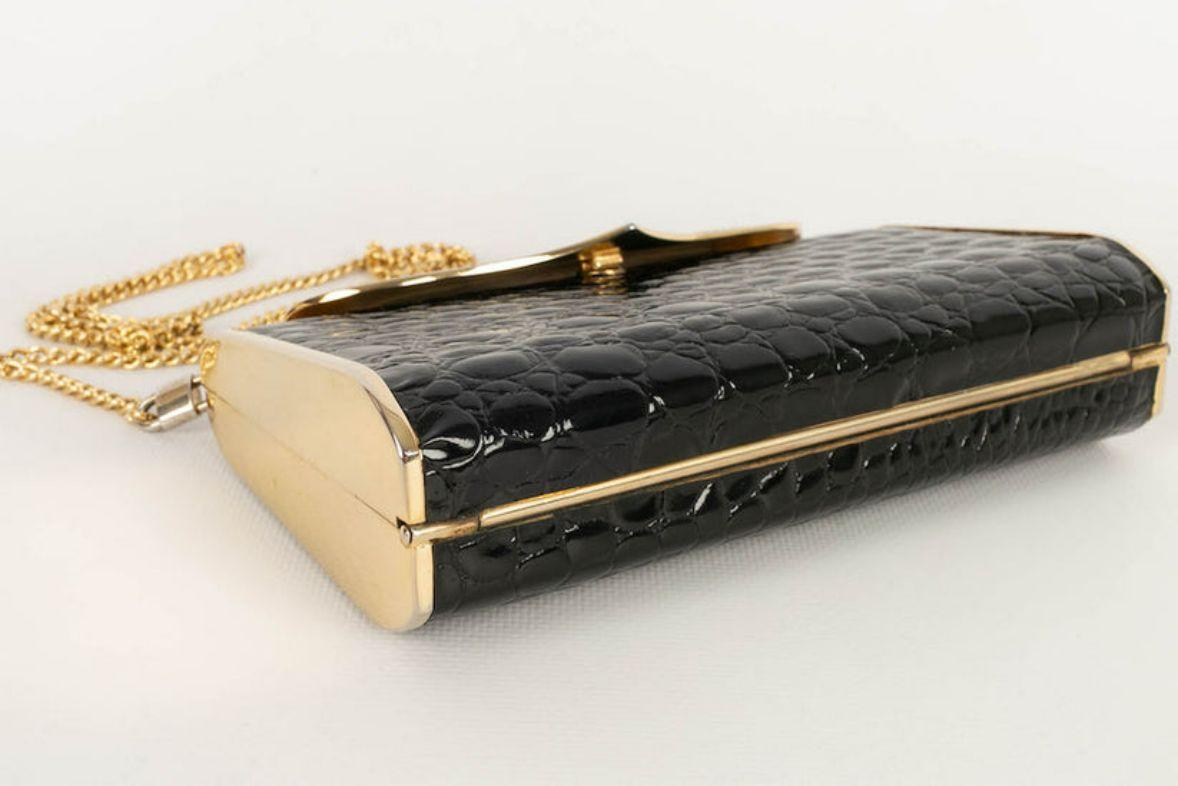 Women's Golden Metal and Black Patent Leather Evening Bag For Sale