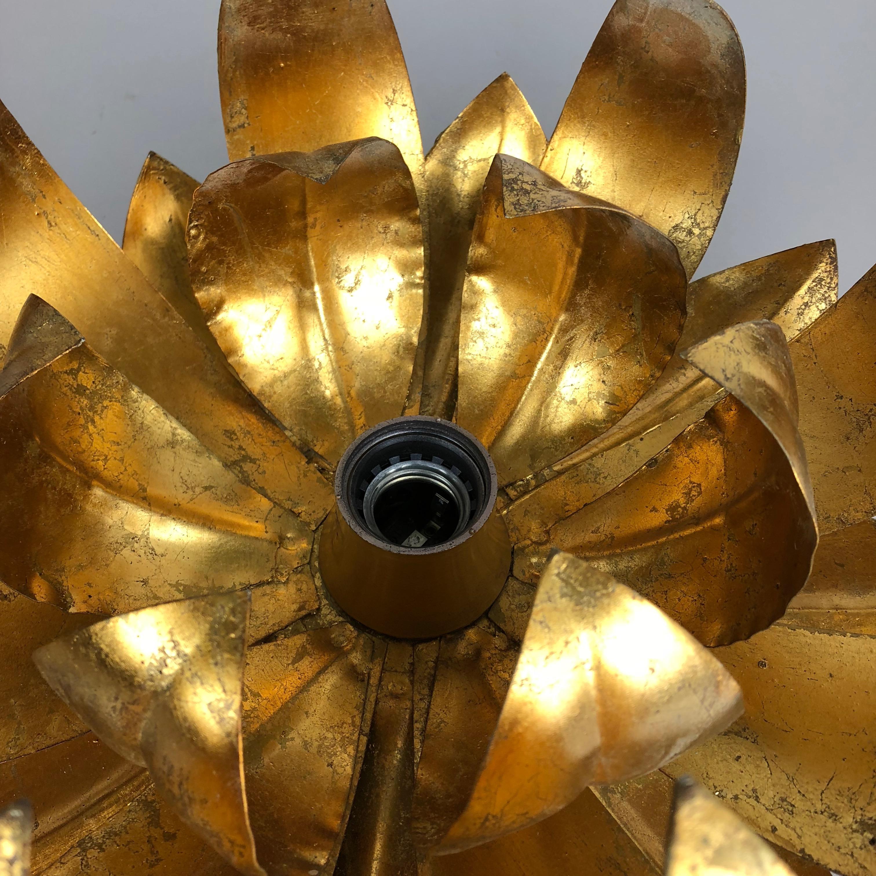Golden Metal Florentiner Leaf Theatre Wall Ceiling Light Sconces, Italy, 1960s 6