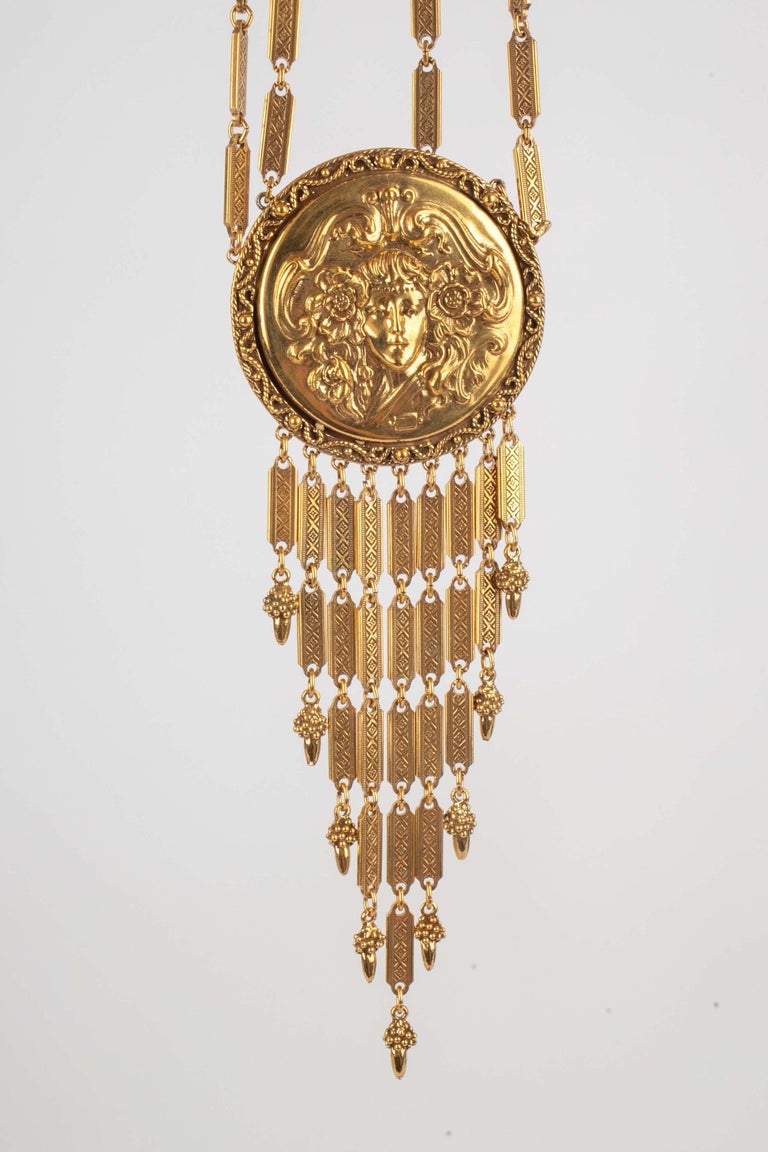Collier Et Pendentif Art Nouveau – Métal Doré, Ancien, Bon état
