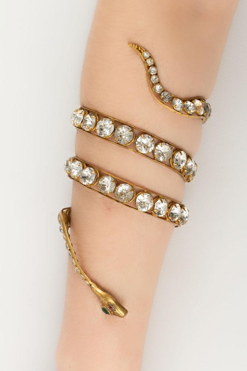 Golden Metal Snake Bracelet Paved with Rhinestones, 1920s For Sale 3