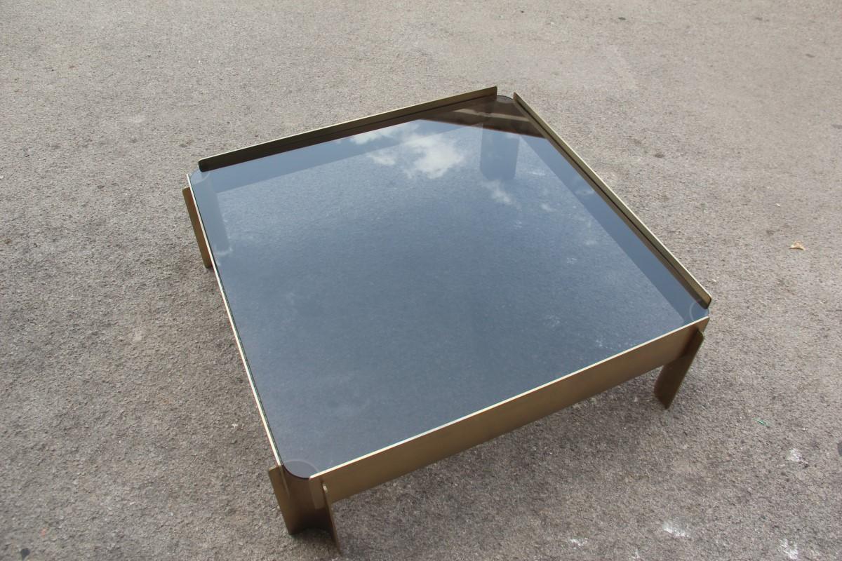 Mid-Century Modern Golden Metal Table Coffee Minimal Rationalist Form Square Top Glass Burchiellaro For Sale