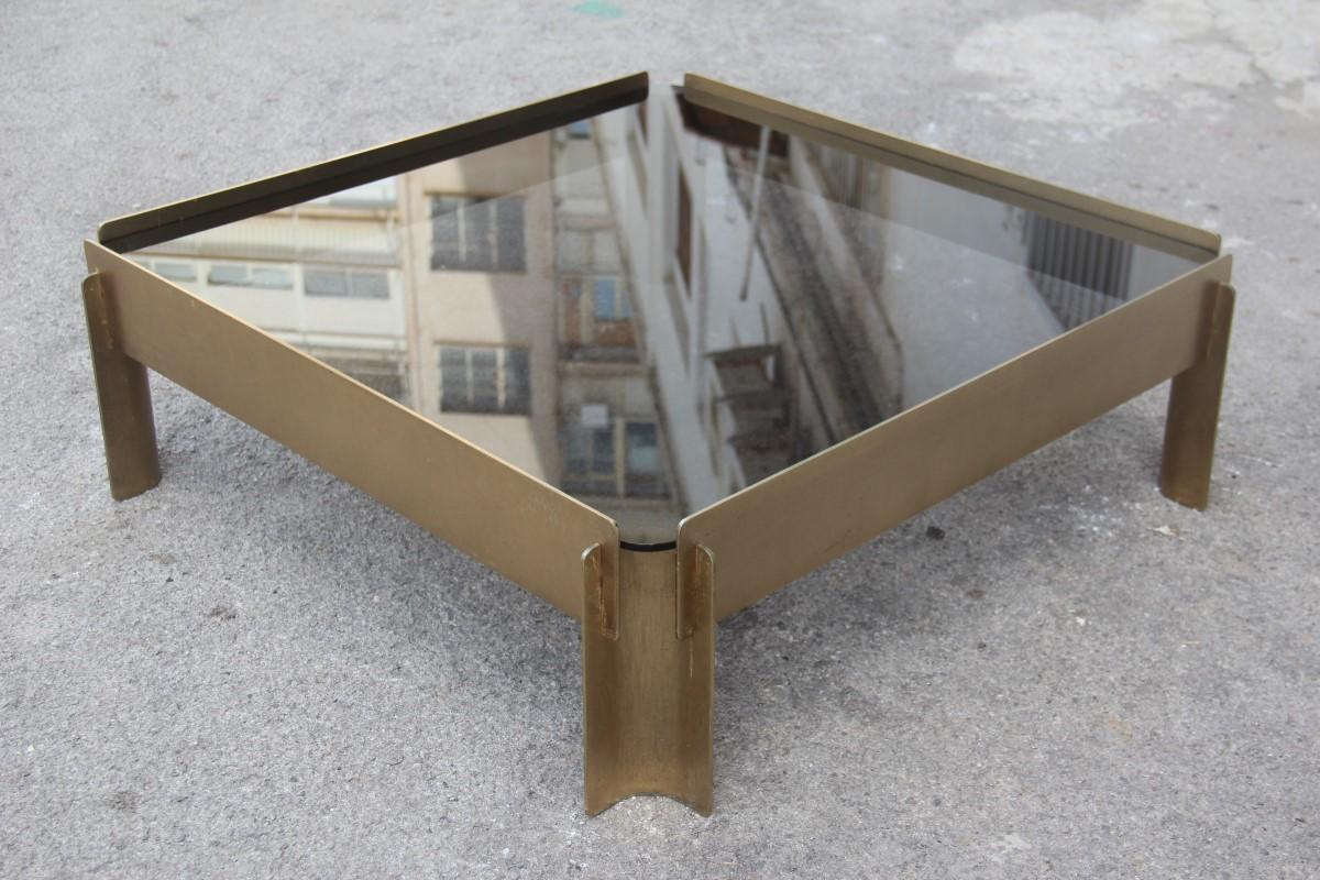 Golden Metal Table Coffee Minimal Rationalist Form Square Top Glass Burchiellaro In Good Condition For Sale In Palermo, Sicily