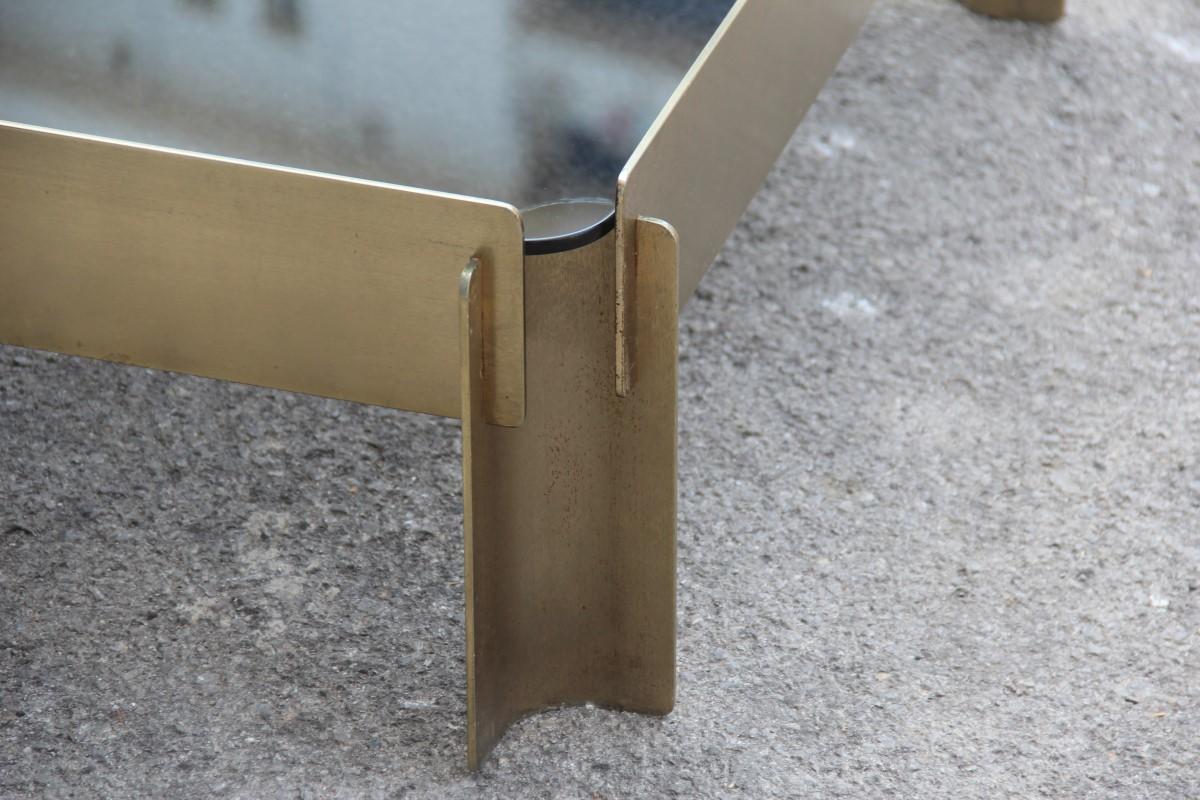 Mid-20th Century Golden Metal Table Coffee Minimal Rationalist Form Square Top Glass Burchiellaro For Sale