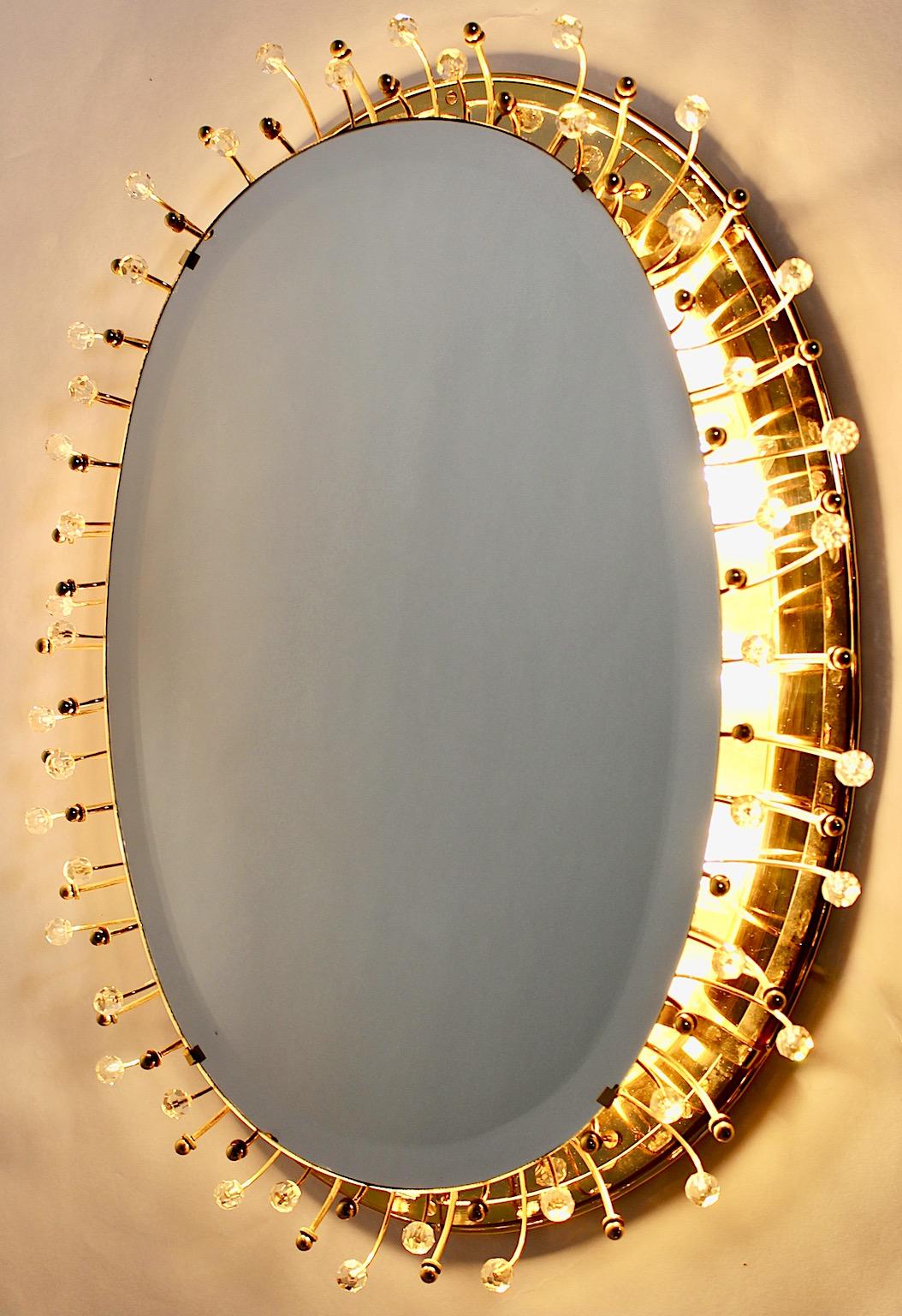 Golden Metal Vintage Brass Crystal Oval Wall Mirror Backlit, 1980s, Germany For Sale 5