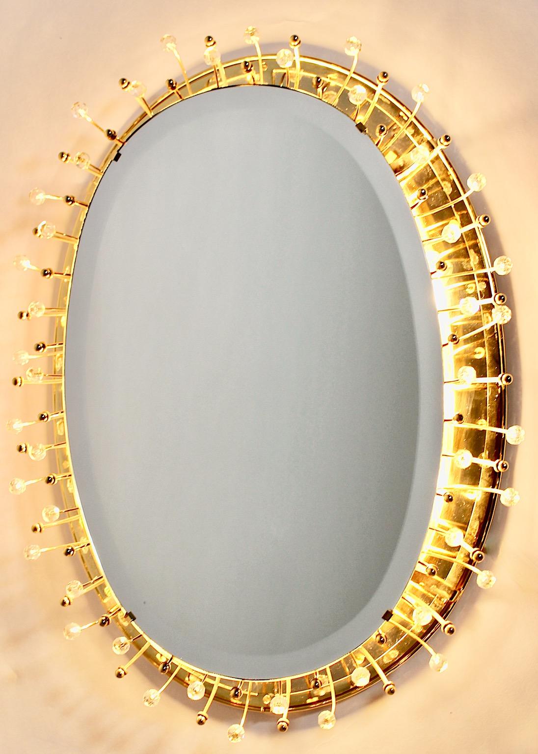 Golden Metal Vintage Brass Crystal Oval Wall Mirror Backlit, 1980s, Germany For Sale 6