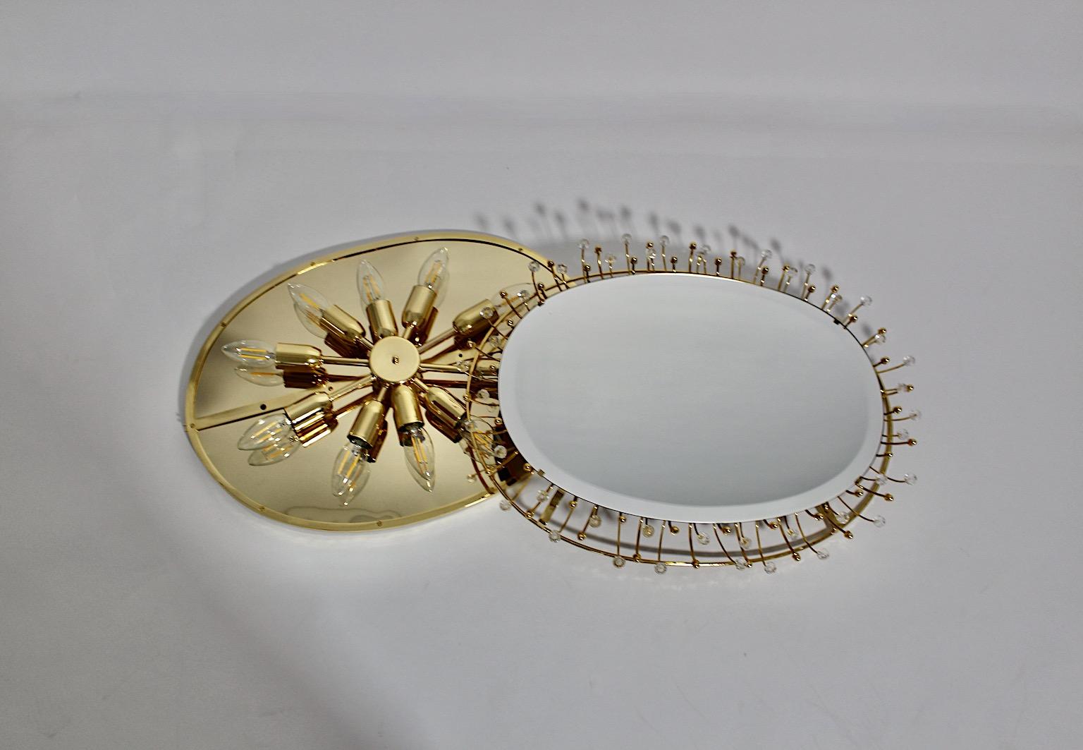 Golden Metal Vintage Brass Crystal Oval Wall Mirror Backlit, 1980s, Germany For Sale 8