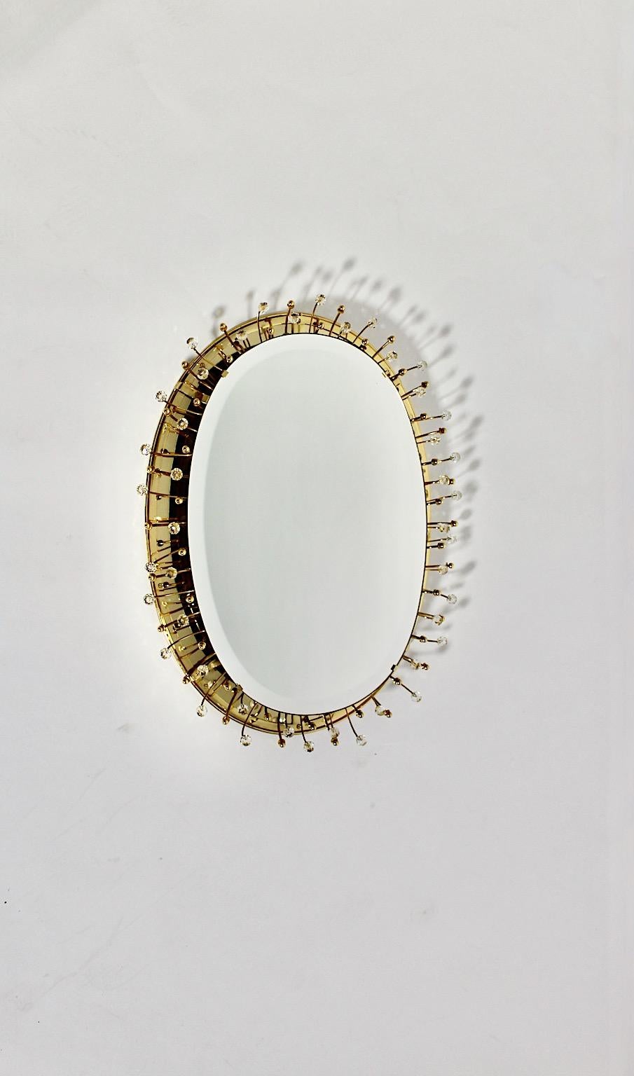 Modern Golden Metal Vintage Brass Crystal Oval Wall Mirror Backlit, 1980s, Germany For Sale