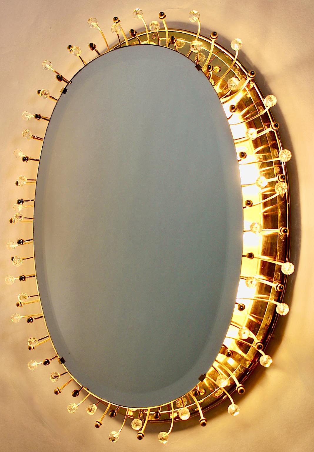 Golden Metal Vintage Brass Crystal Oval Wall Mirror Backlit, 1980s, Germany For Sale 4