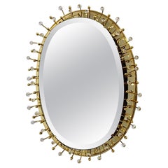 Golden Metal Vintage Brass Crystal Oval Wall Mirror Backlit, 1980s, Germany