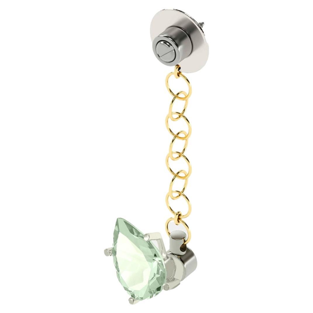 Golden Mono Earring in Yellow Gold with Prasiolite in Pear Cut, 4.5ct White Gold For Sale