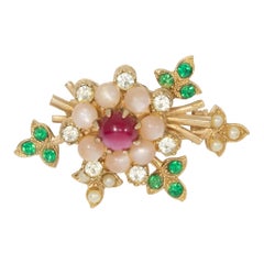 Vintage Golden Moonglow Bead Cabochon and Crystal Flower Pin, Mid 1900s