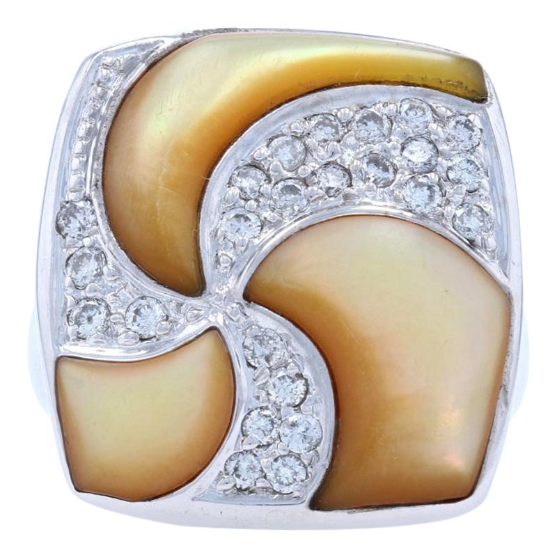 Golden Mother of Pearl & Diamond Ring, 14k White Gold Round Brilliant .35ctw
