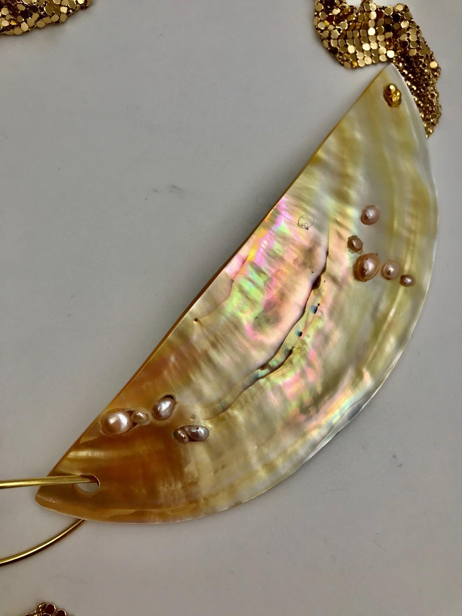 Contemporary Sylvia Gottwald, Extra , Golden Mother of Pearl Neck/Pendant , Gilded Chain Mail. For Sale