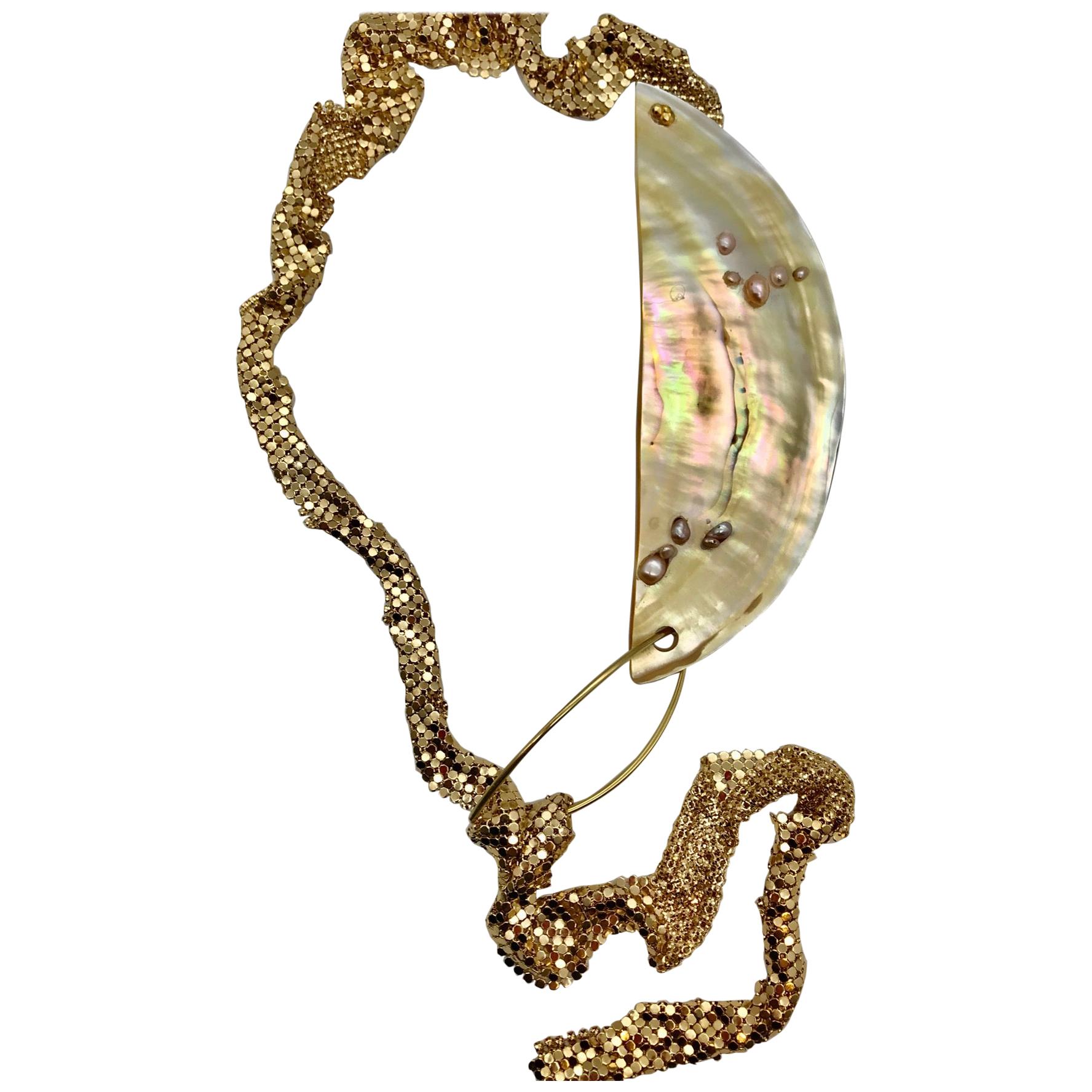 Sylvia Gottwald, Extra , Golden Mother of Pearl Neck/Pendant , Gilded Chain Mail. For Sale