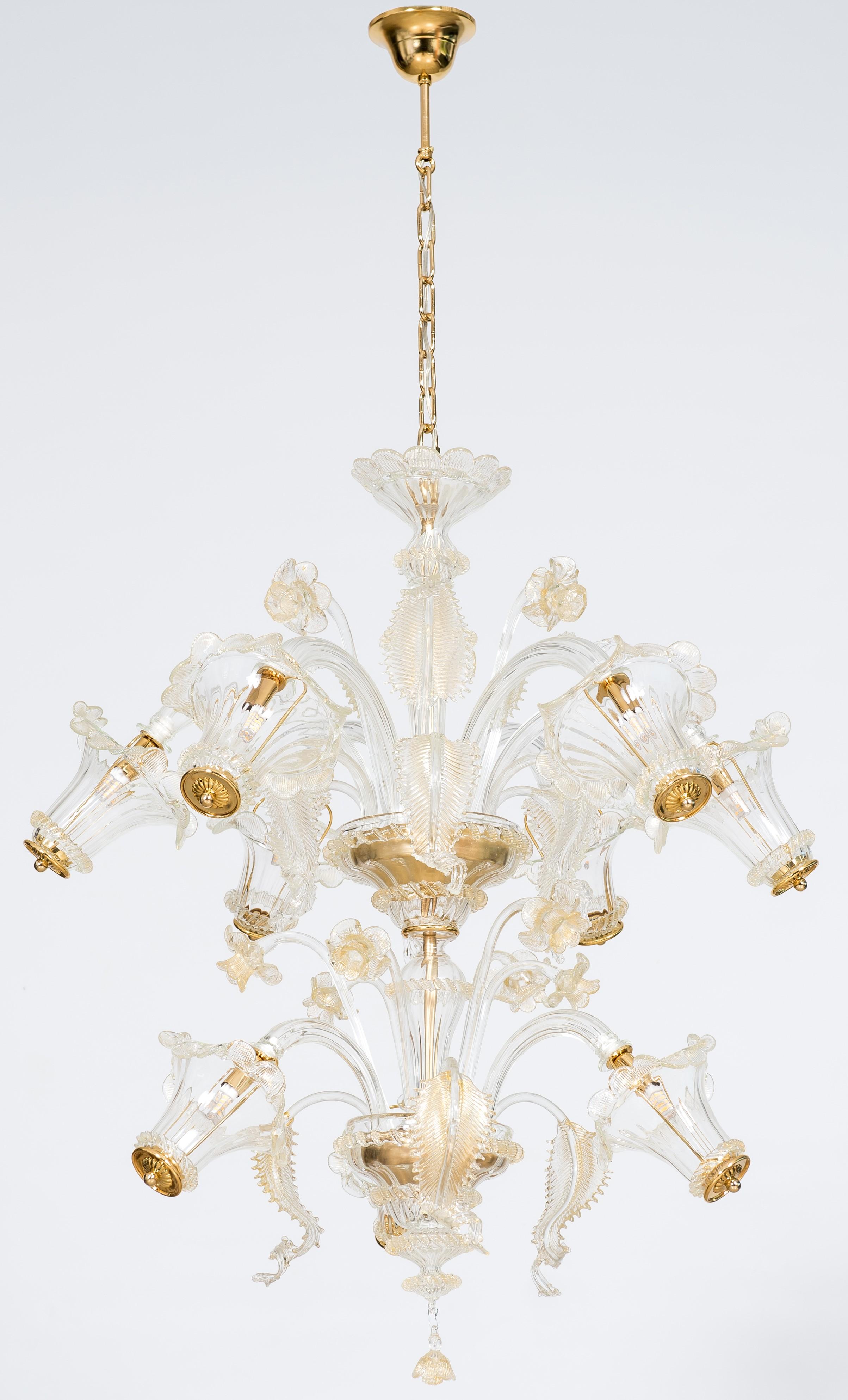 Modern Golden Murano Glass Chandelier with 9 Lights, 21st Century, Italy For Sale