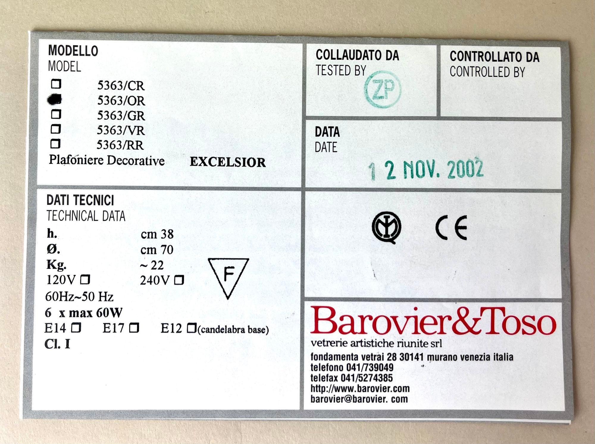 Goldene Murano-Glas-Deckenleuchte von BAROVIER & TOSO, Italien 2002 im Angebot 8