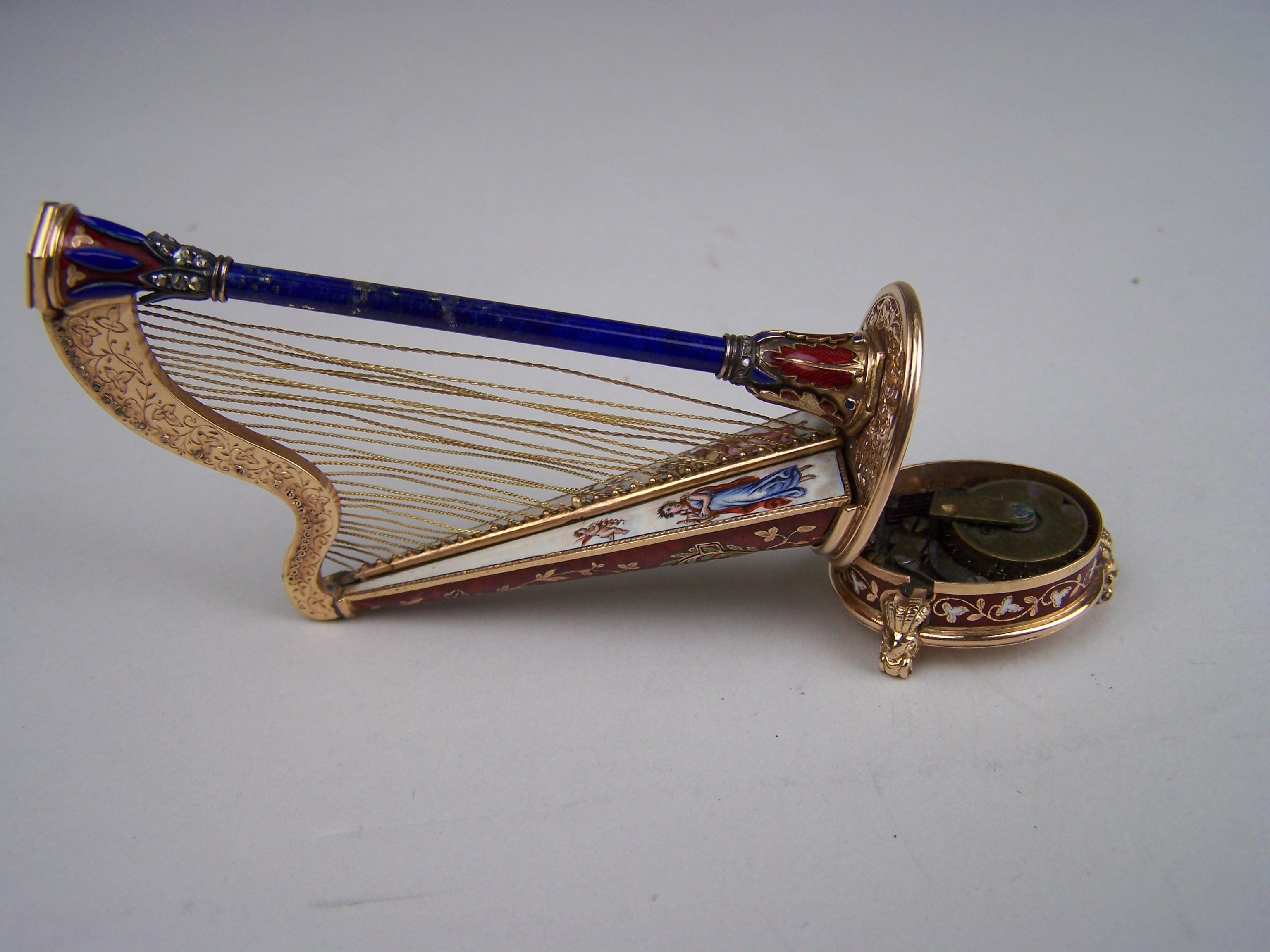 Golden Musical harp with enamel and precious stones by Köchert AE. For Sale 4