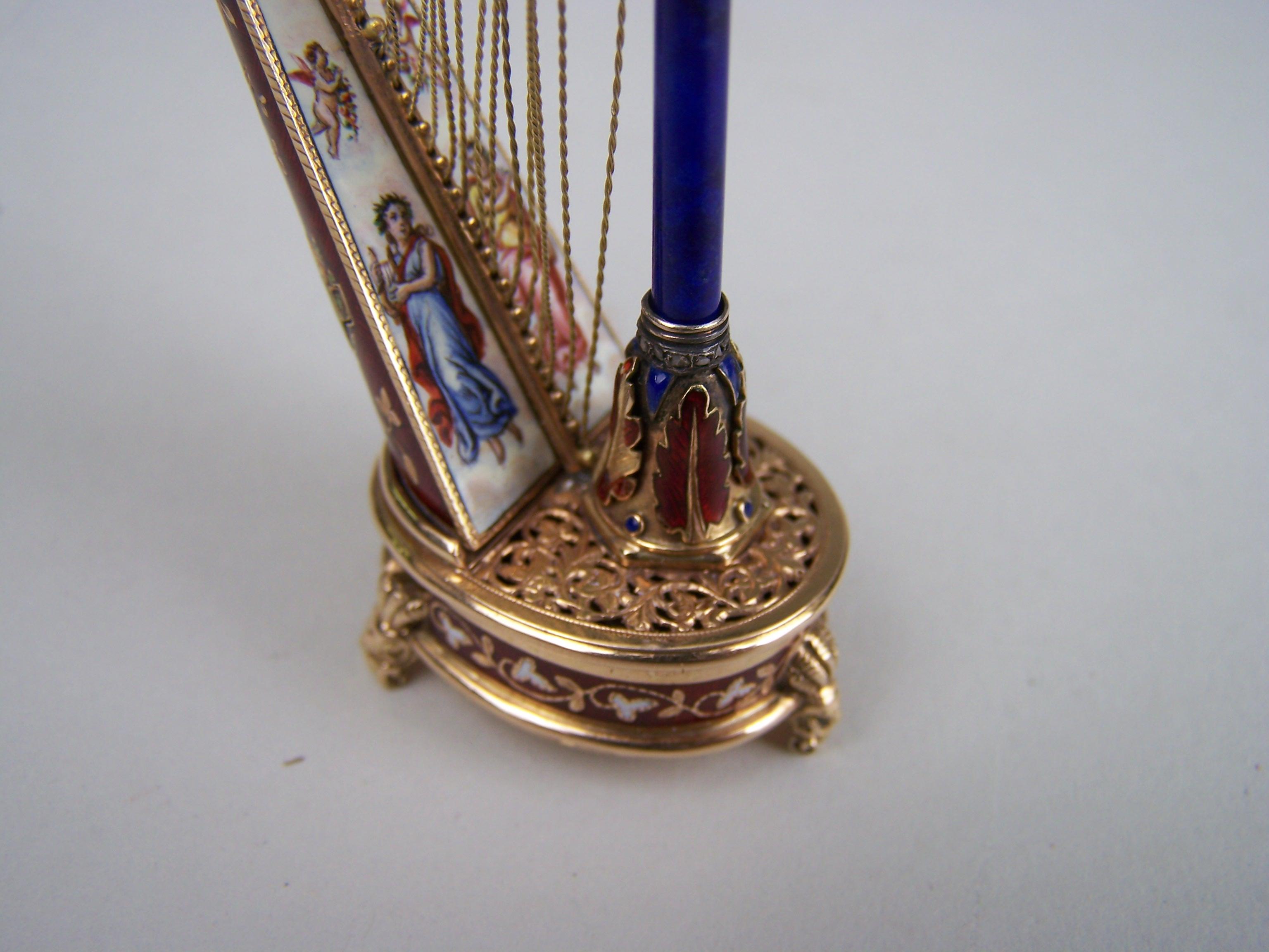 19th Century Golden Musical harp with enamel and precious stones by Köchert AE. For Sale