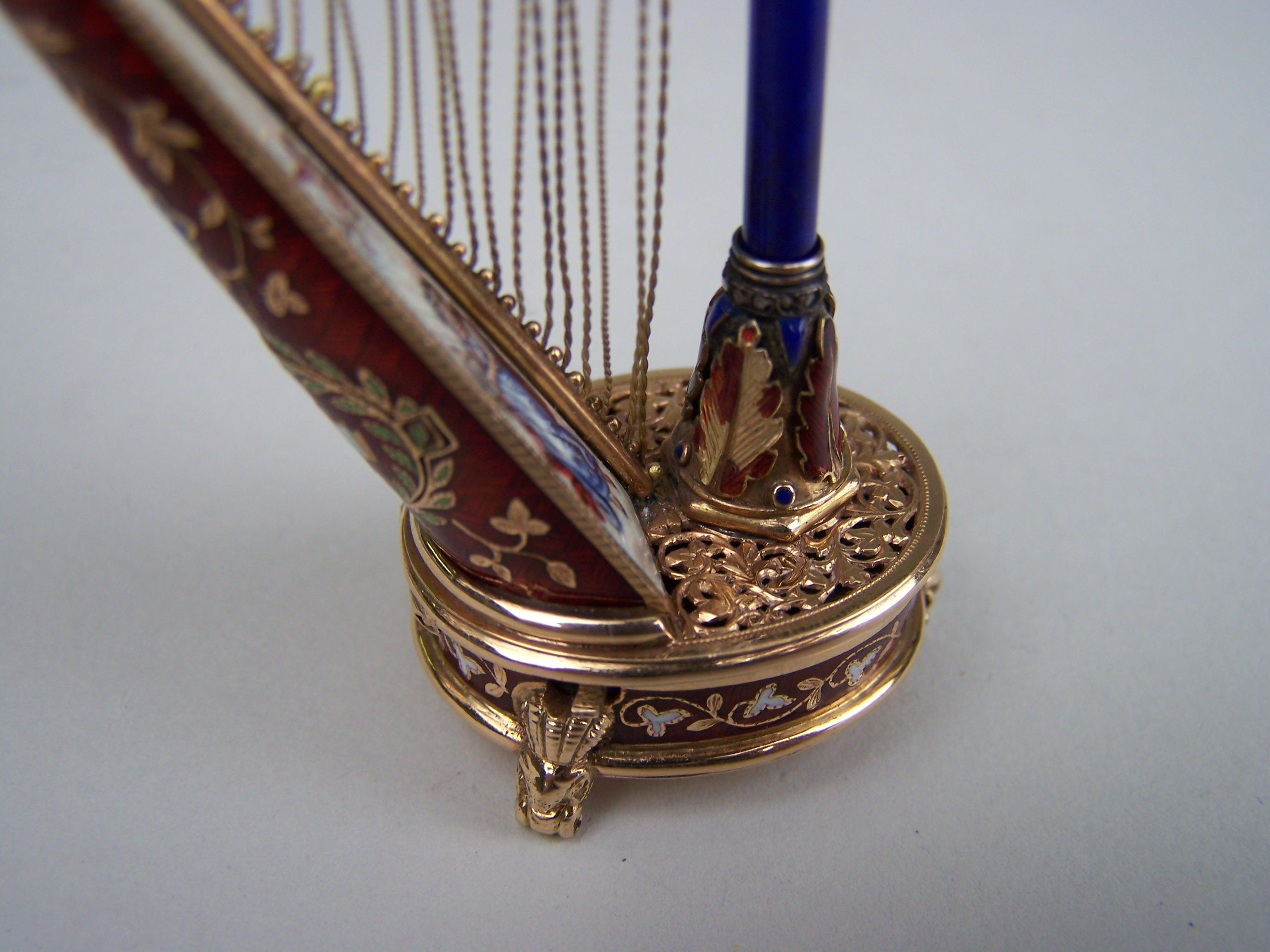 Enamel Golden Musical harp with enamel and precious stones by Köchert AE. For Sale