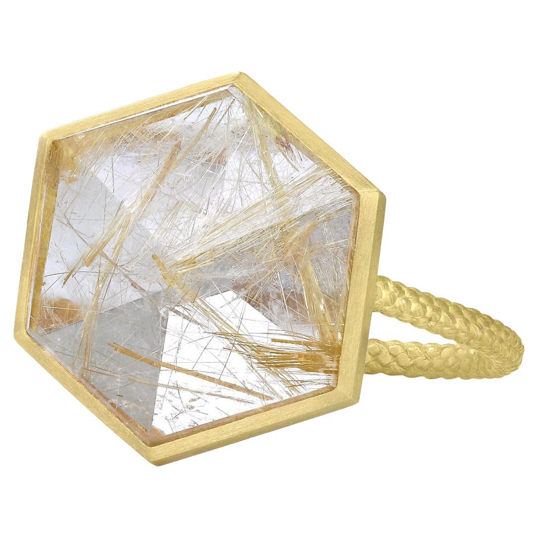 Golden Needle Rutilated Quartz Gold Three Dimensional Prism Ring, Talkative 2022 For Sale