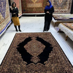 Golden Night Sky Medallion Persian Pure Silk Rug, Iranian Craftsmanship, 0052