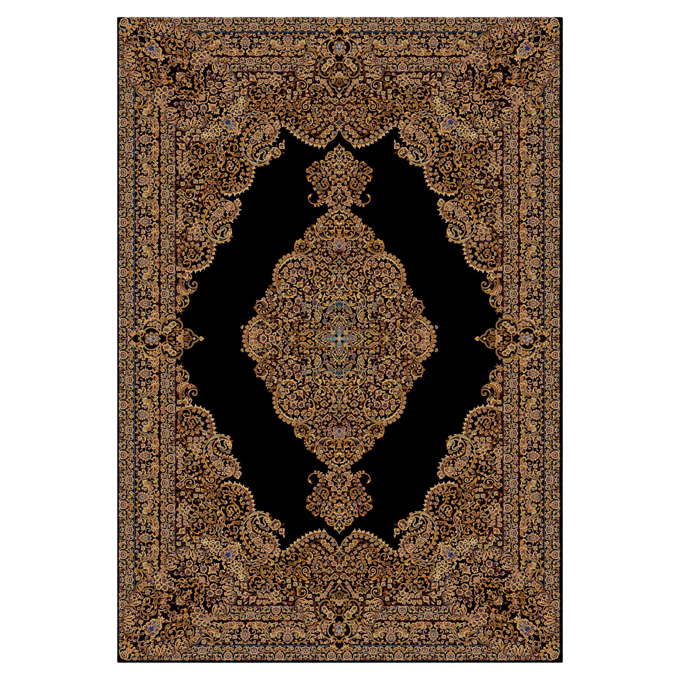 Golden Night Sky Medallion Persian Pure Silk Rug, Iranian Craftsmanship, 0052