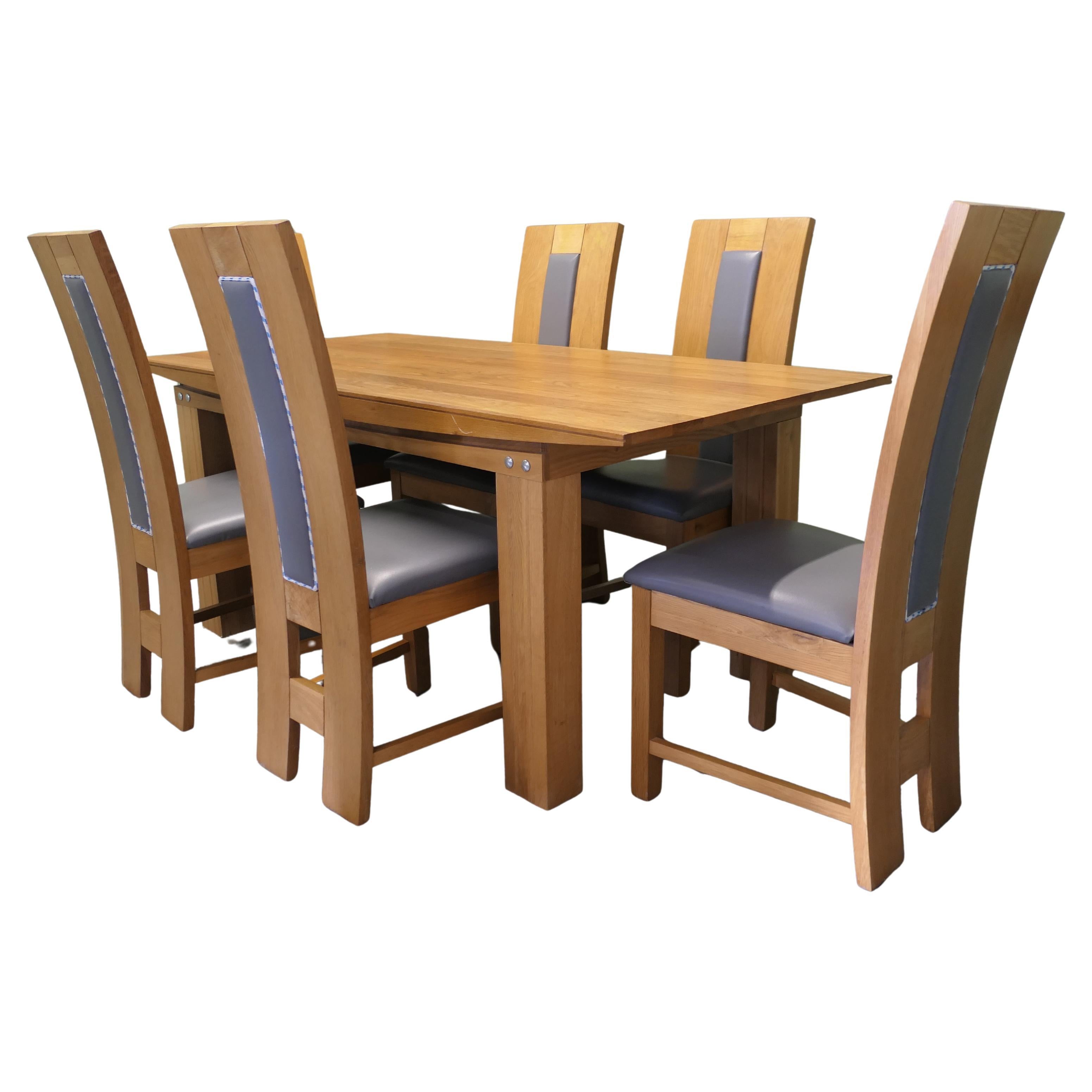 Golden Oak Modernist Dining Table with 6 Leather Chairs, 1970 For Sale