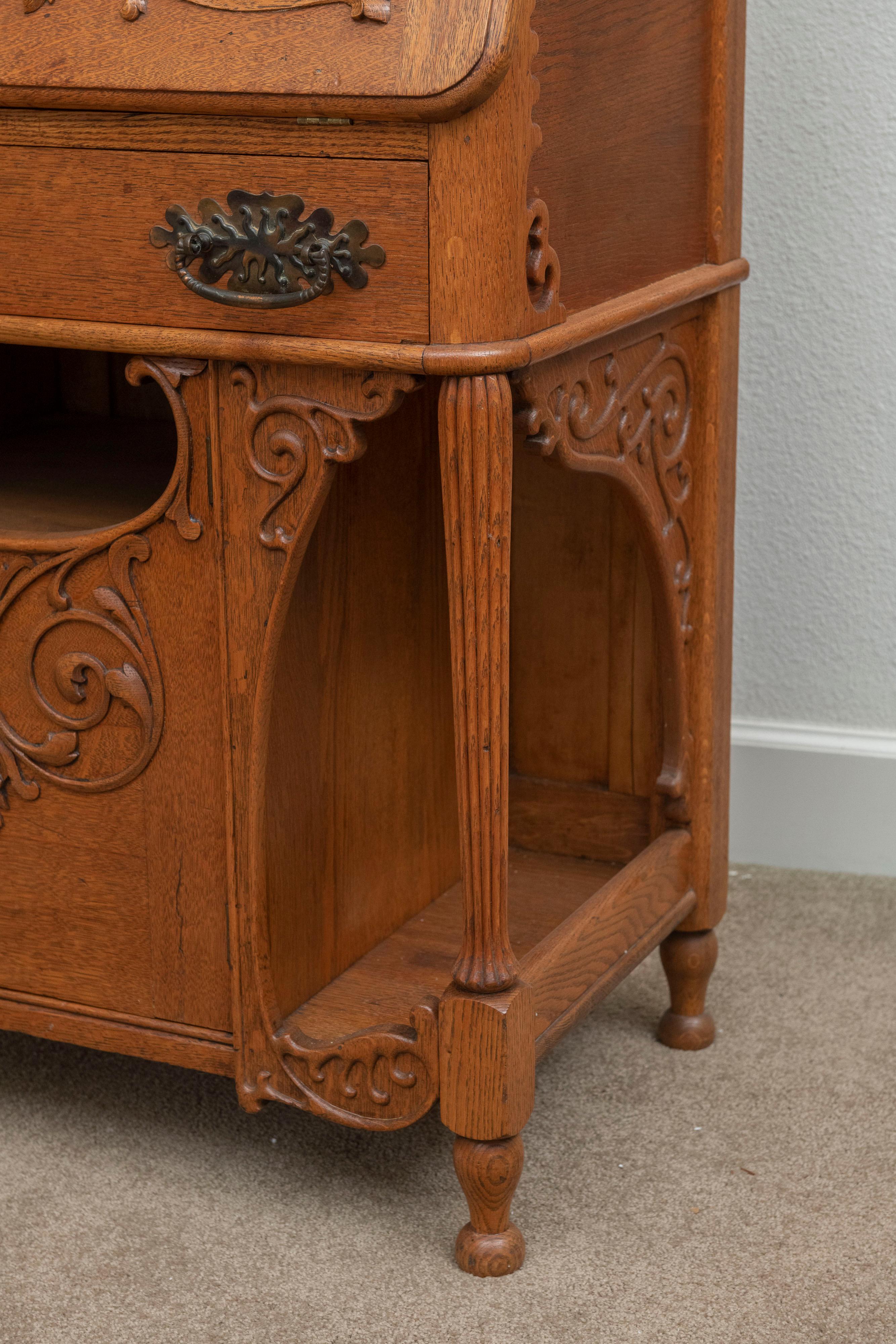 Golden Oak Secretary / Desk, Carvings, Mirror, Drawer, American, ca. 1900 For Sale 1