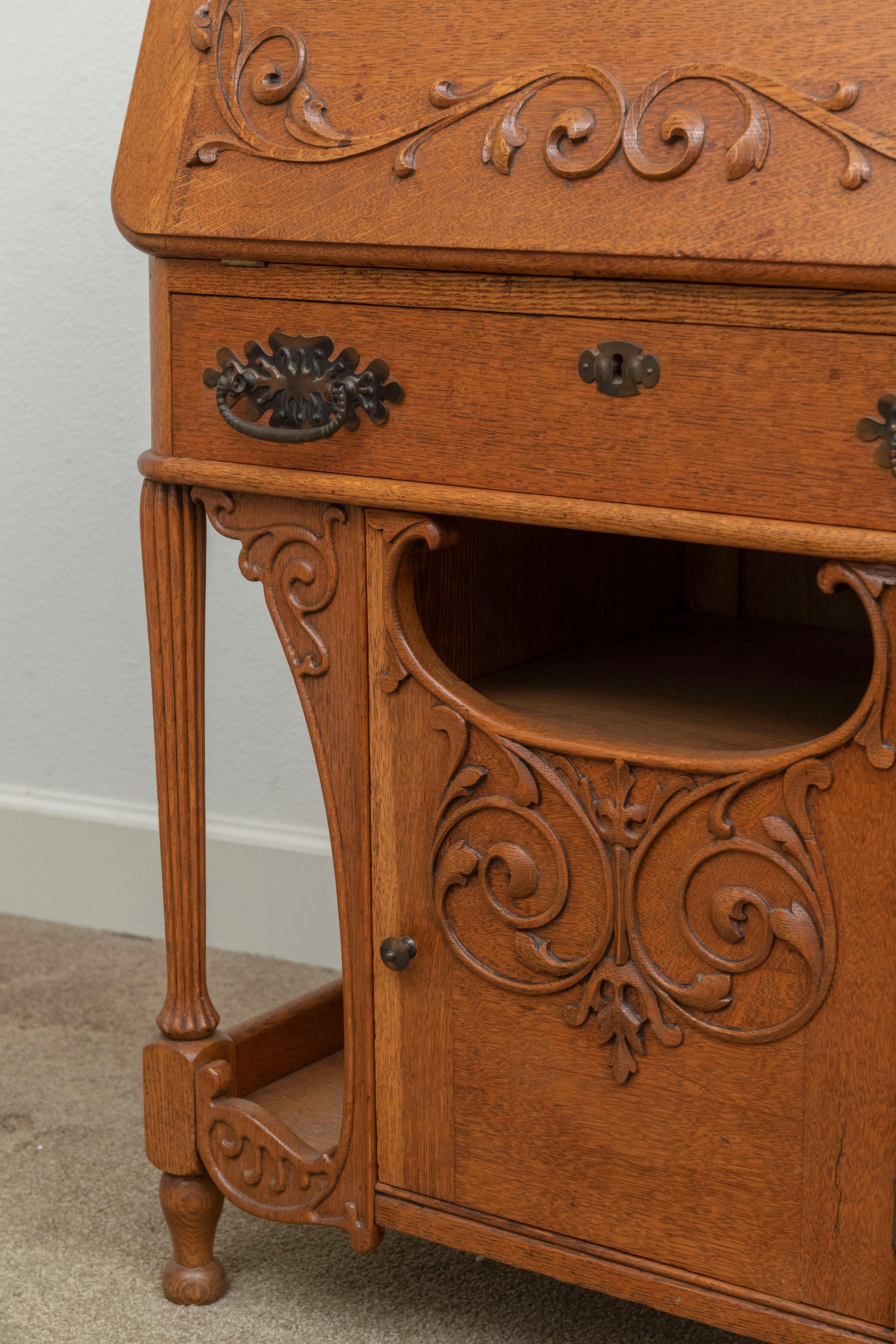 Golden Oak Secretary / Desk, Carvings, Mirror, Drawer, American, ca. 1900 For Sale 2