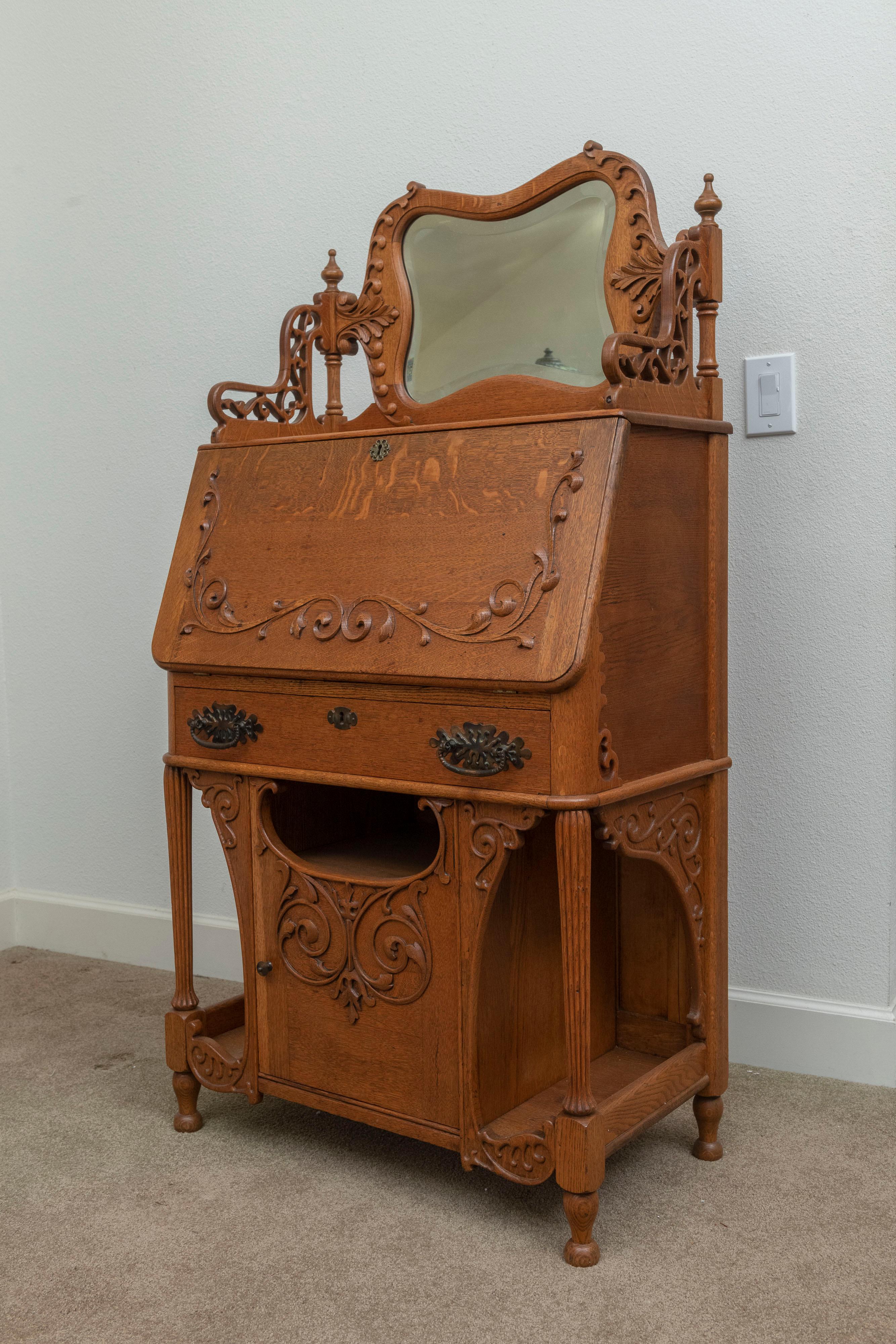 Golden Oak Secretary / Desk, Carvings, Mirror, Drawer, American, ca. 1900 For Sale 3