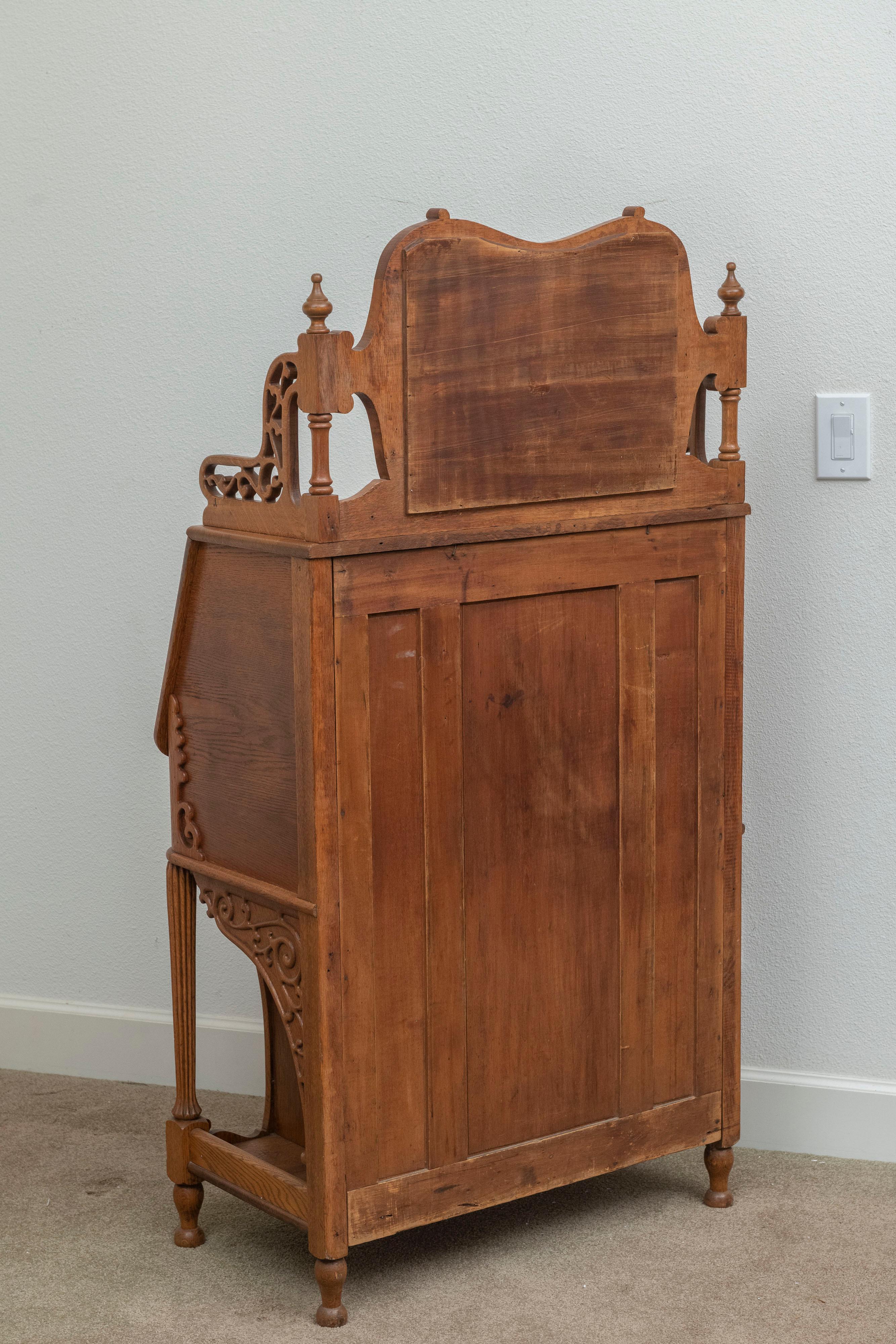 Golden Oak Secretary / Desk, Carvings, Mirror, Drawer, American, ca. 1900 For Sale 4