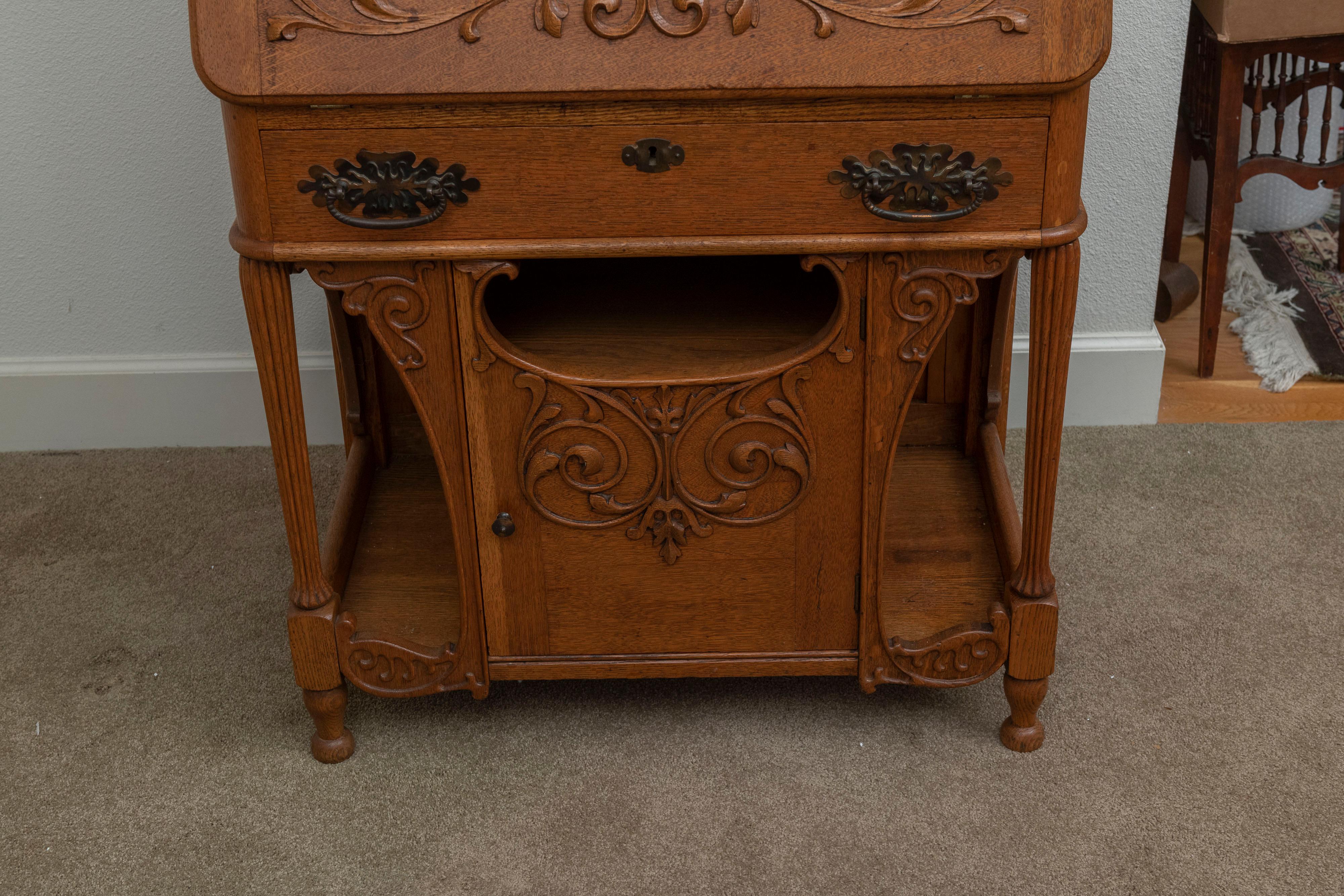 Beveled Golden Oak Secretary / Desk, Carvings, Mirror, Drawer, American, ca. 1900 For Sale