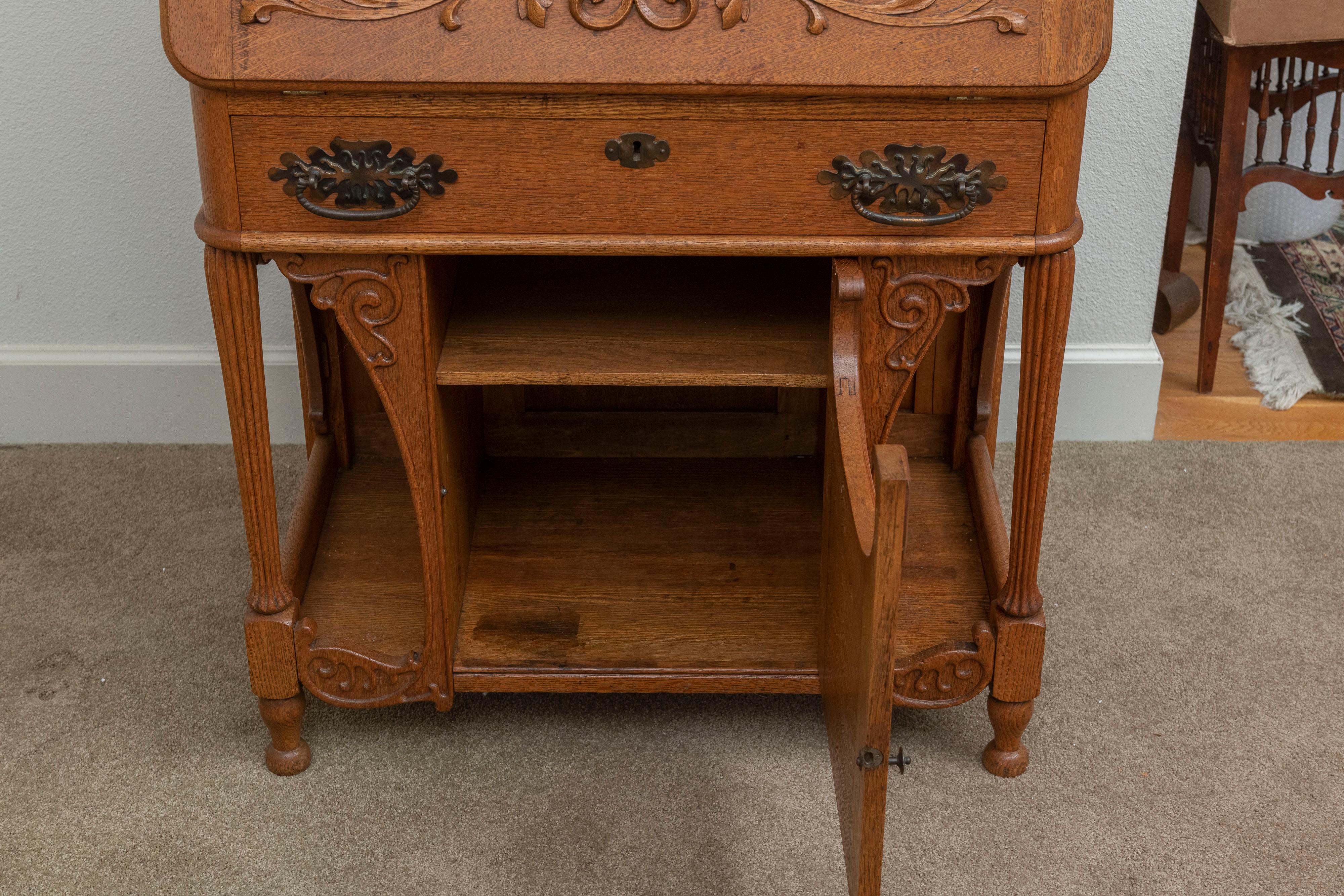 Early 20th Century Golden Oak Secretary / Desk, Carvings, Mirror, Drawer, American, ca. 1900 For Sale