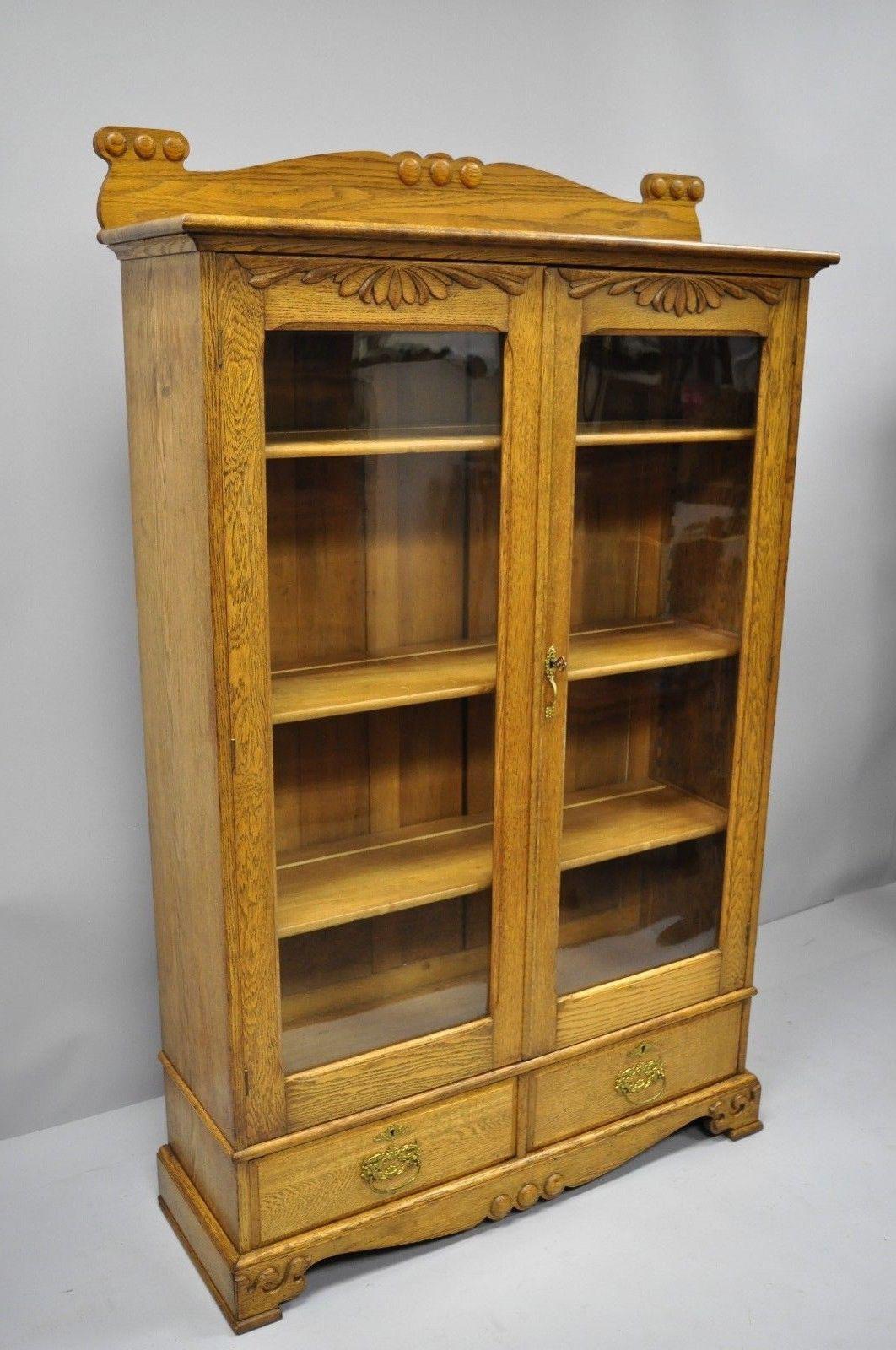 Golden Oak Victorian Glass Two-Door Bookcase China Cabinet Curio Two Drawers 4