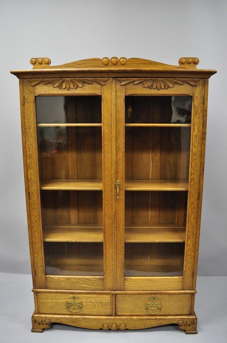 Golden Oak Victorian Glass Two Door Bookcase China Cabinet Curio