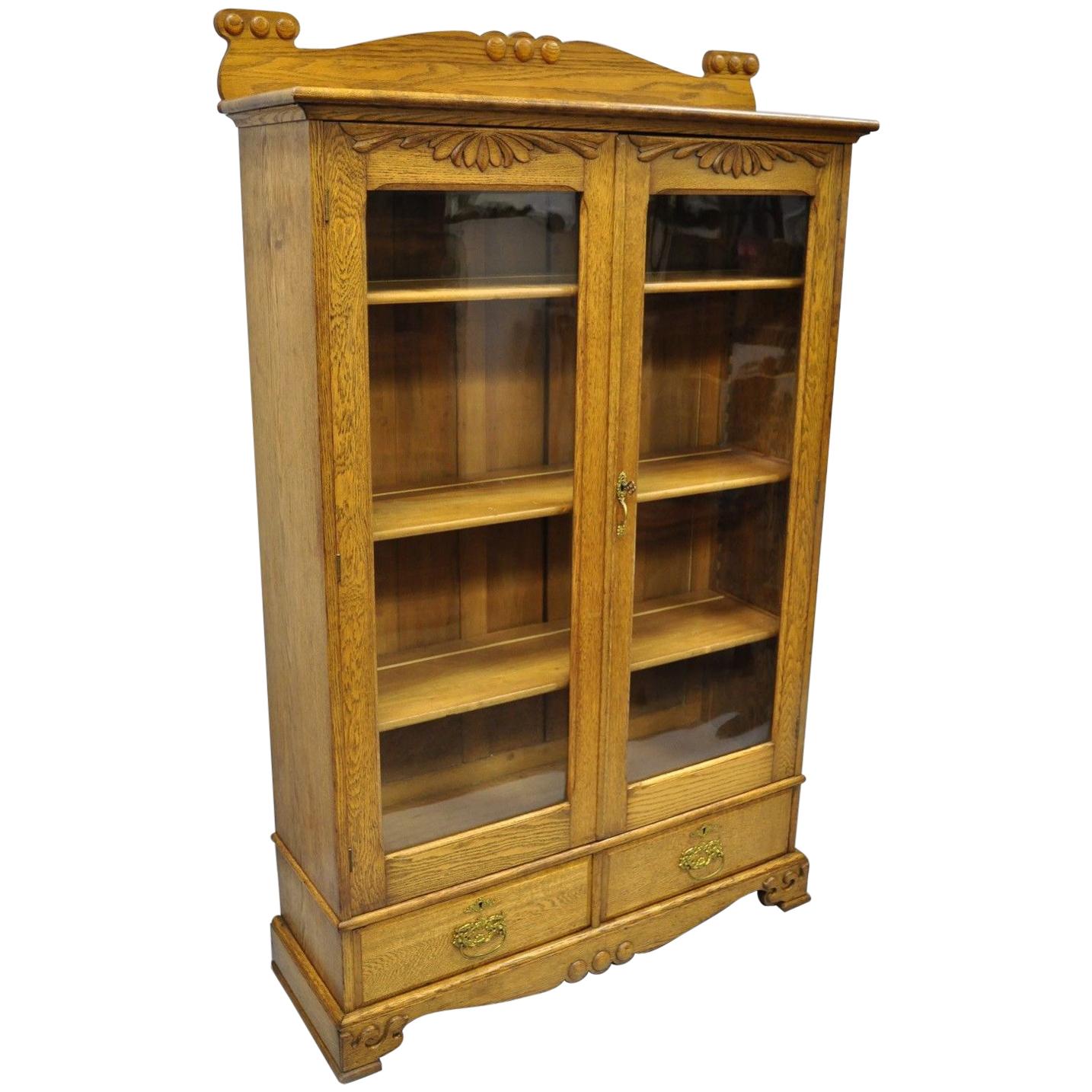 Golden Oak Victorian Glass Two-Door Bookcase China Cabinet Curio Two Drawers