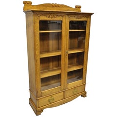 Antique Golden Oak Victorian Glass Two-Door Bookcase China Cabinet Curio Two Drawers