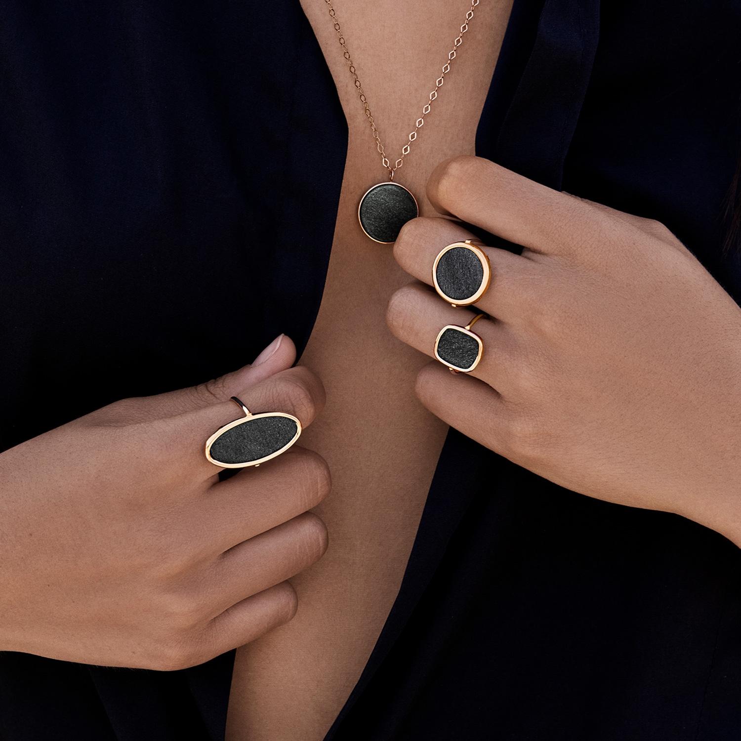 Modern Golden Obsidian Disc Ring For Sale