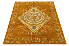 Tappeto in lana stile Tabriz moderno ocra dorato - Medaglione floreale annodato a mano