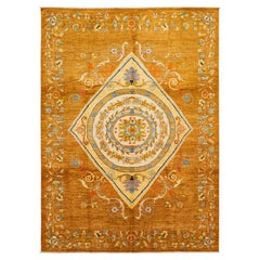 Golden Ochre Modern Tabriz Style Wool Area Rug – Hand-Knotted Floral Medallion