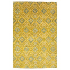 Golden Ochre & Slate Blue Modern Transitional Hand-Knotted Wool Rug