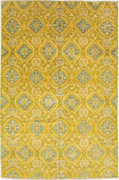 Ocre Dorado y Azul Pizarra Alfombra Transicional Moderna de Lana Anudada a Mano