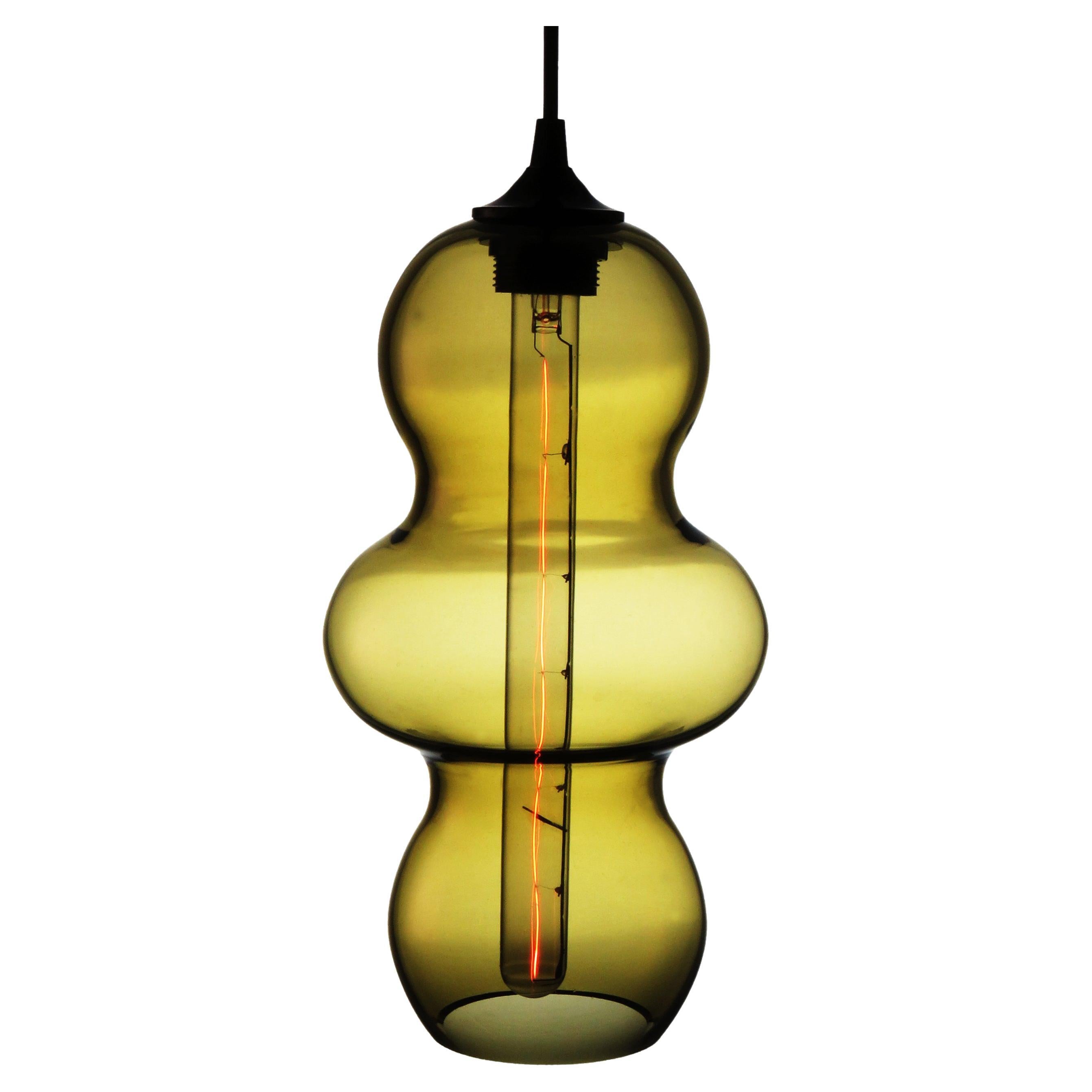 Golden Olive Contemporary Organic Architectural Hand Blown Pendant Lamp For Sale