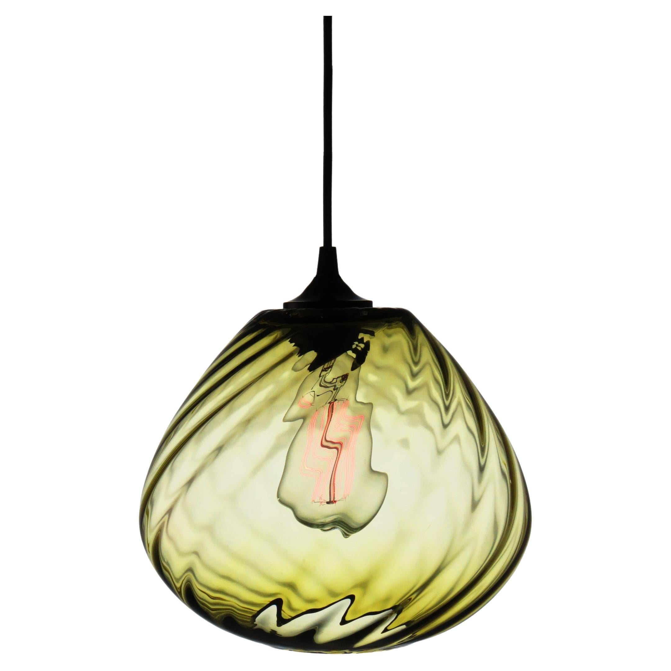 Golden Olive Modern Transparent Hand Blown Glass Architectural Pendant Lamp For Sale