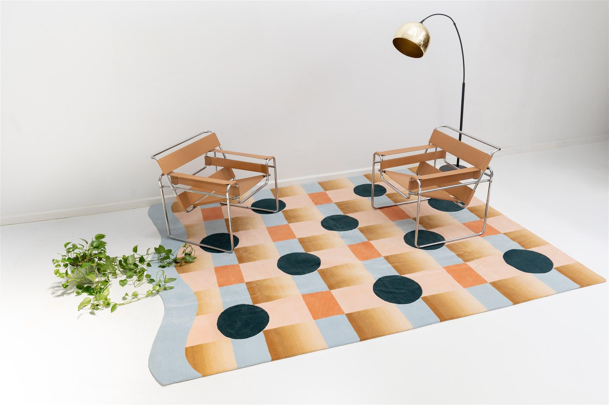 Contemporary Golden Ombré Checkered Himalayan Wool Platforms Rug by Jensin Okunishi Studio For Sale