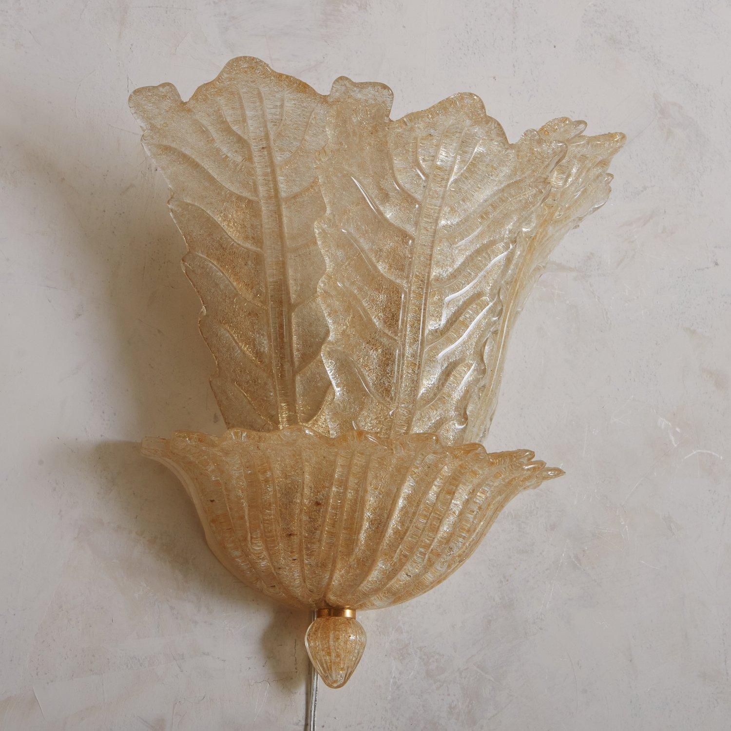 Italian Golden Opalescent Murano Leaf Sconce, Italy 1980s, 3 Available For Sale